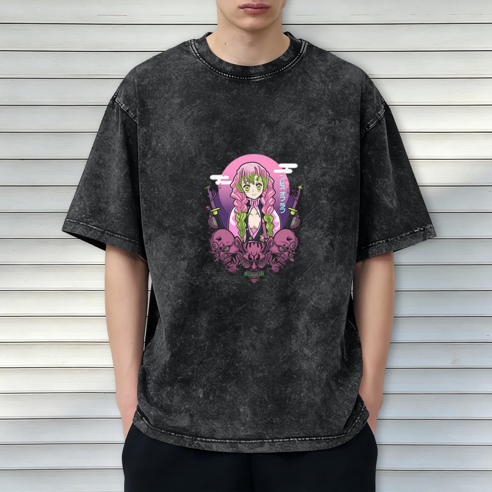 Oversized Acid Wash T-Shirt with Anime Demon Slayer Character Print