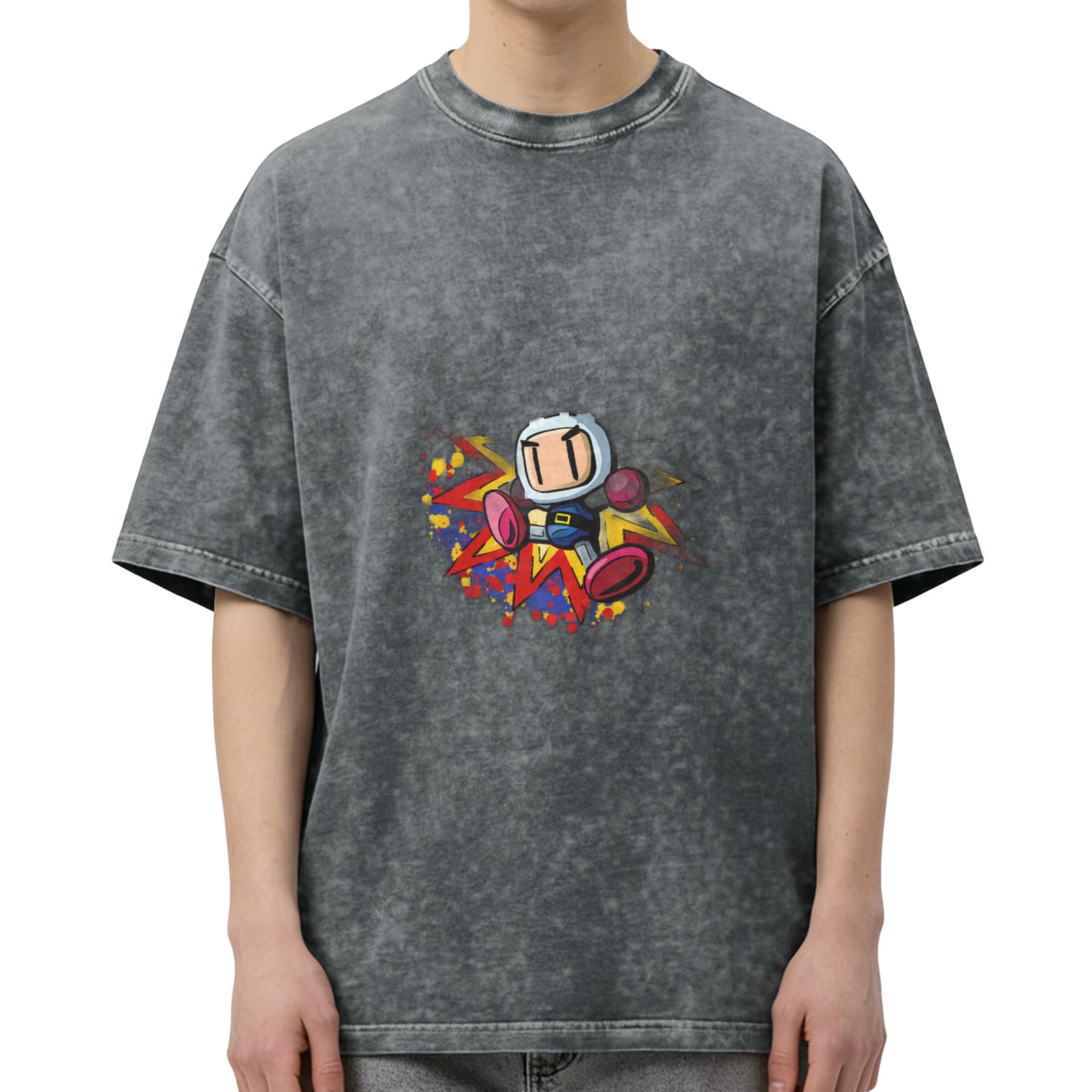 Oversized Acid Wash T-Shirt with Retro Bomberman Graphic Print