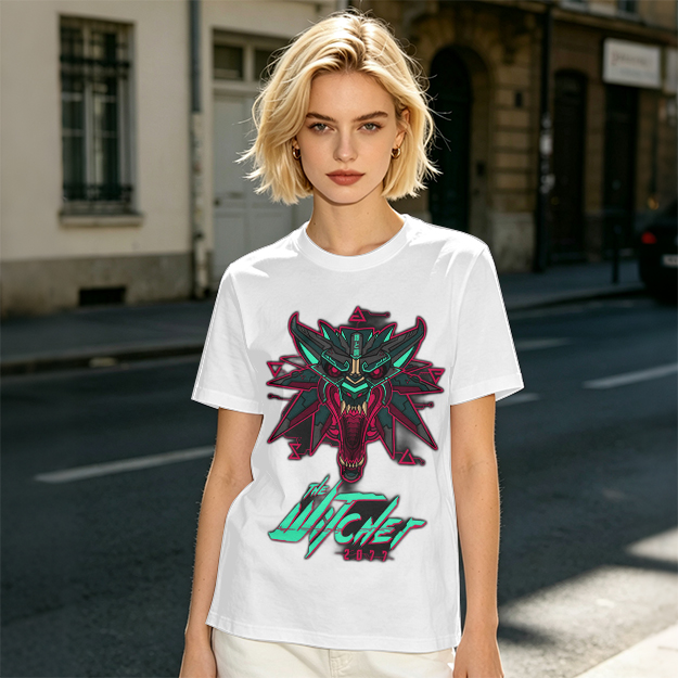 Olive green t-shirt with cyberpunk witcher wolf head graphic