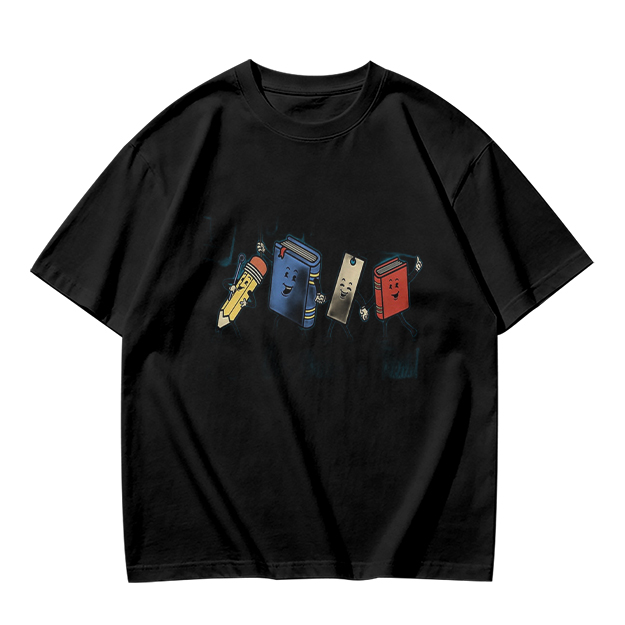 Olive Green T-Shirt with Cartoon School Supplies Graphic