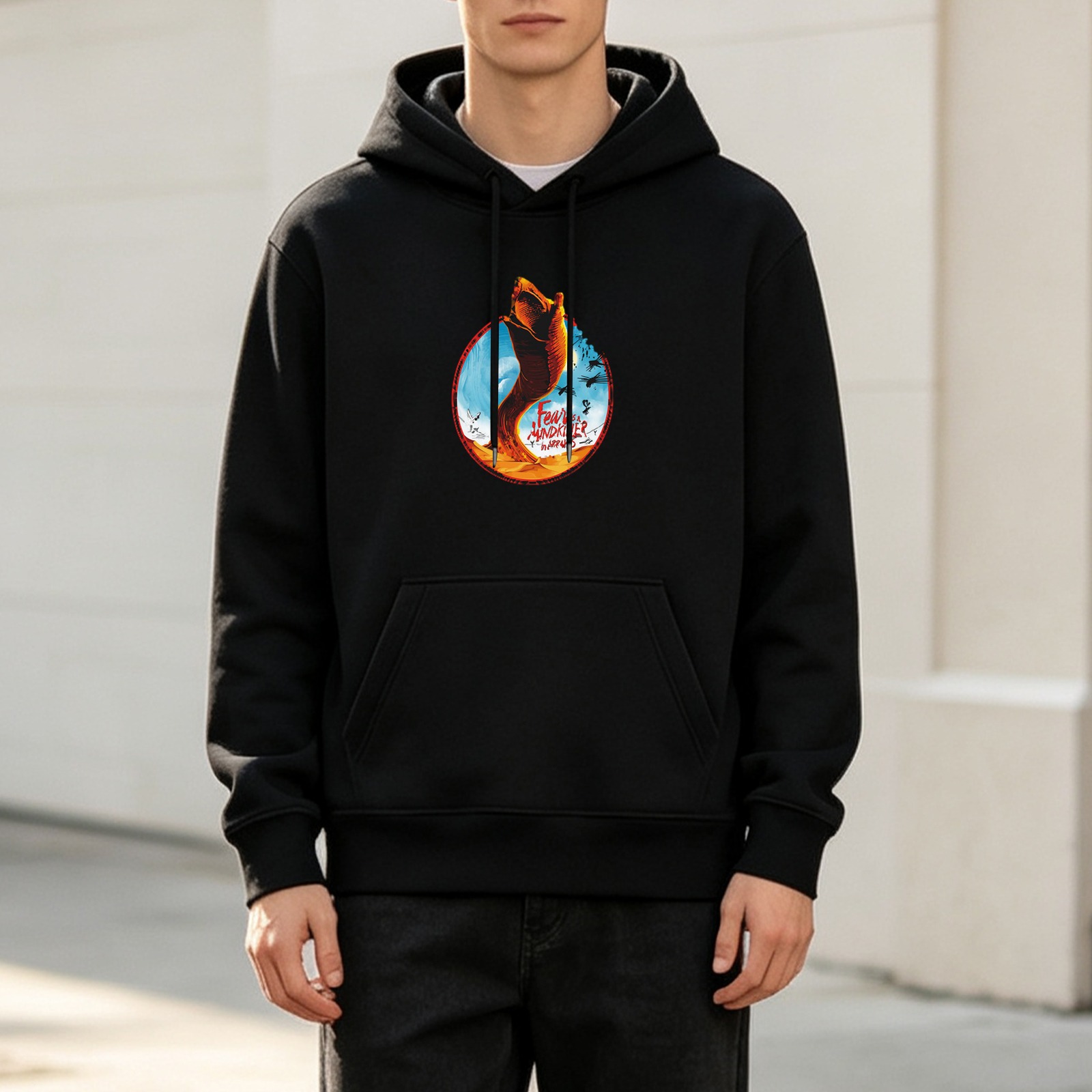 Black hoodie with sandworm desert graphic print