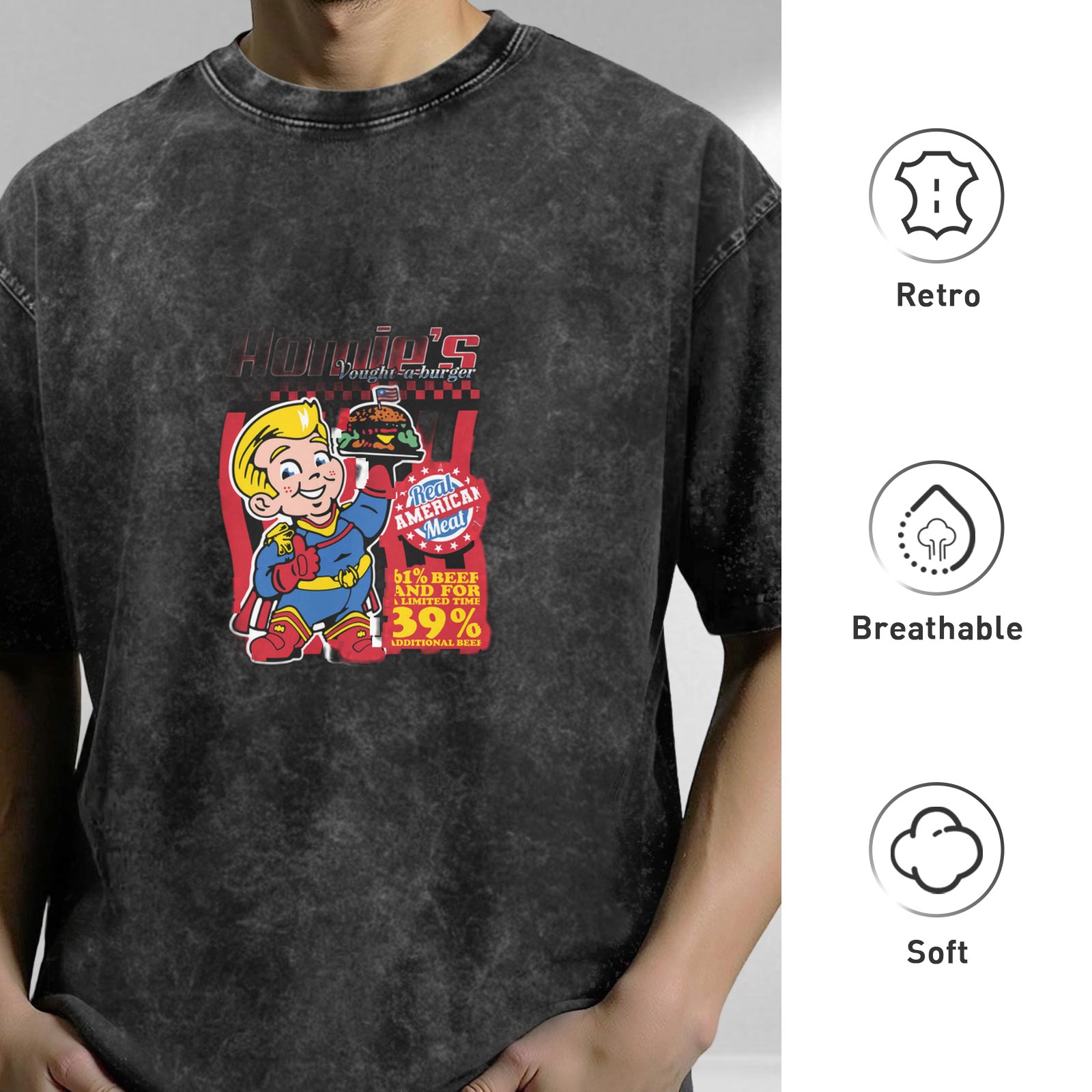 Vintage Acid Wash T-Shirt With Retro Fast Food Superhero Print
