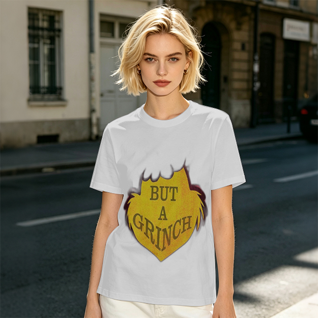 Olive green t-shirt with 'But A Grinch' graphic print