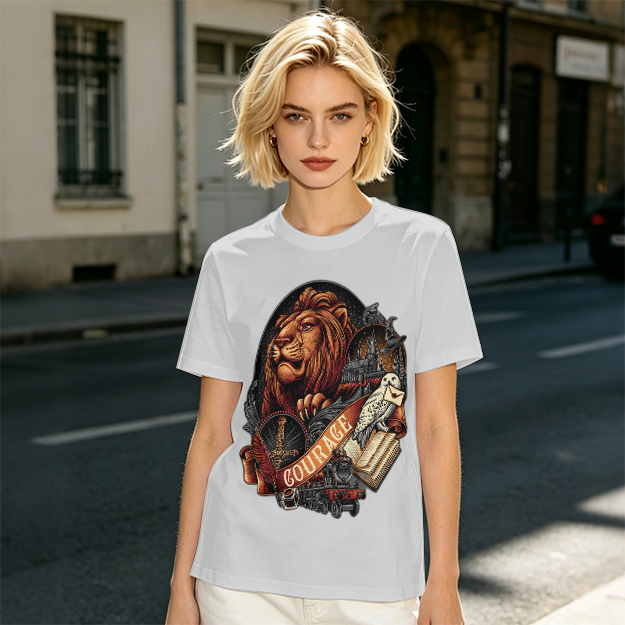 Olive T-Shirt With Lion Courage Themed Fantasy Art Print