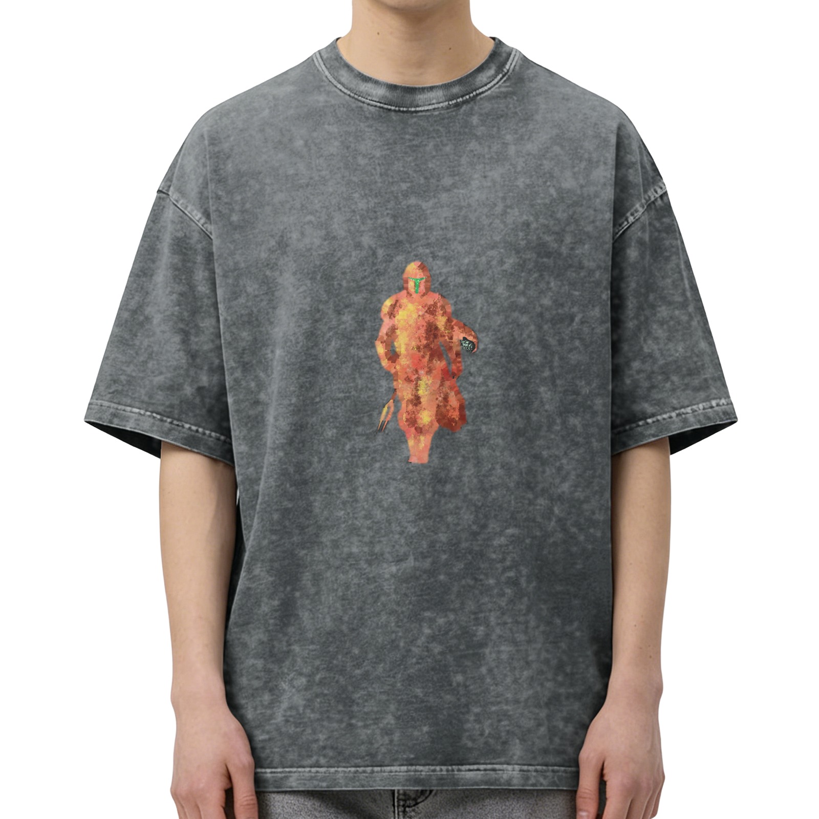Oversized Black Acid Wash T-Shirt with Fiery Warrior Graphic