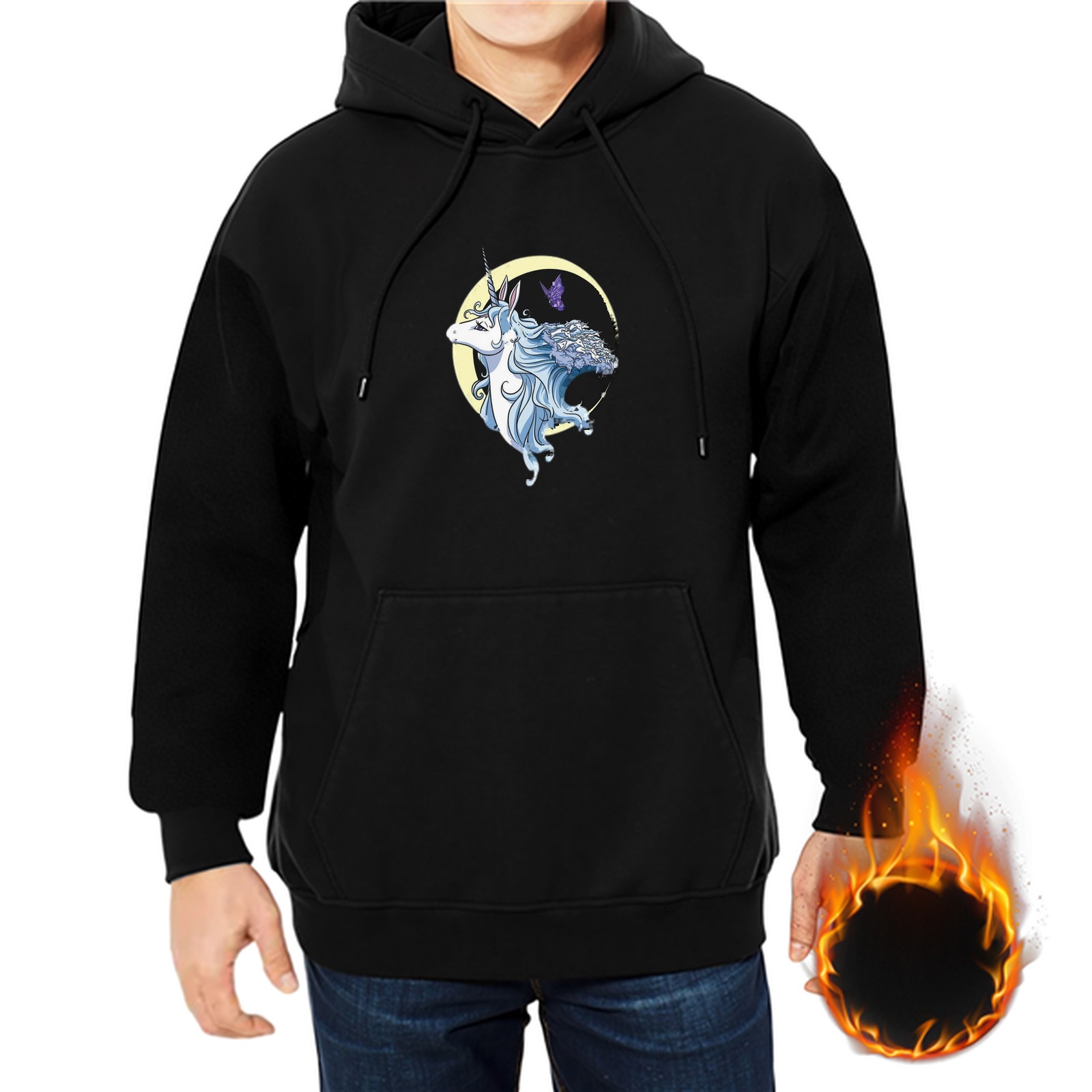 Black hoodie with unicorn and crescent moon graphic print