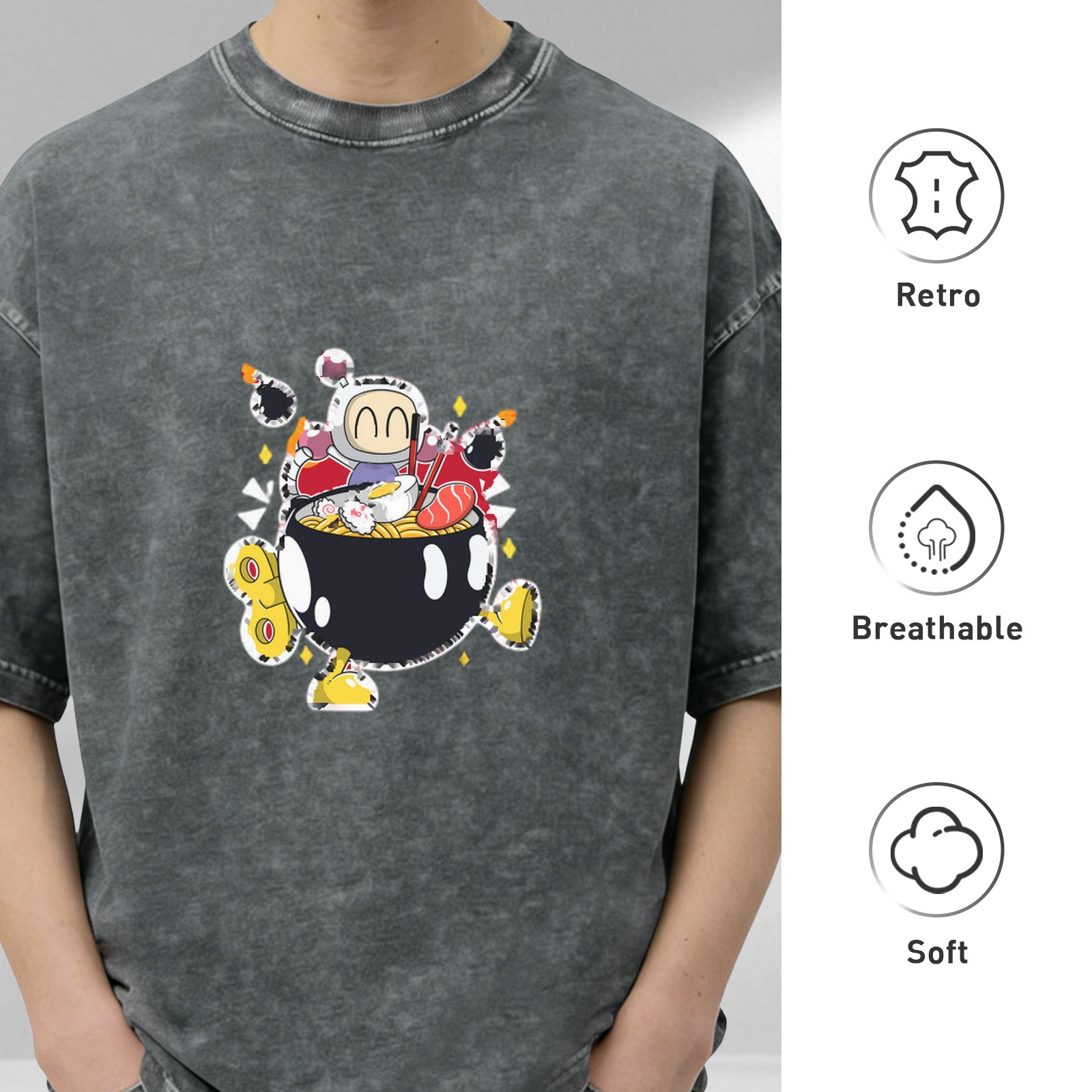 Washed black graphic t-shirt with cartoon bomber ramen bowl design
