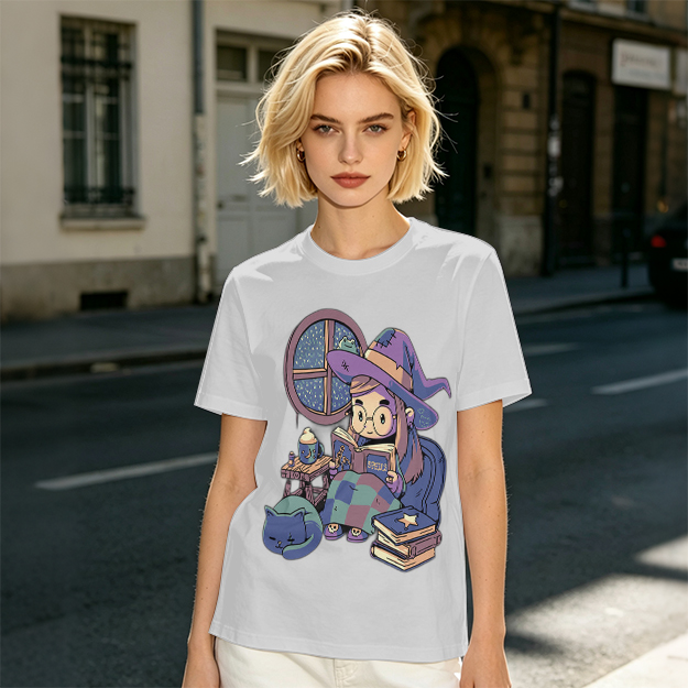 Olive t-shirt with cozy reading witch and cat graphic