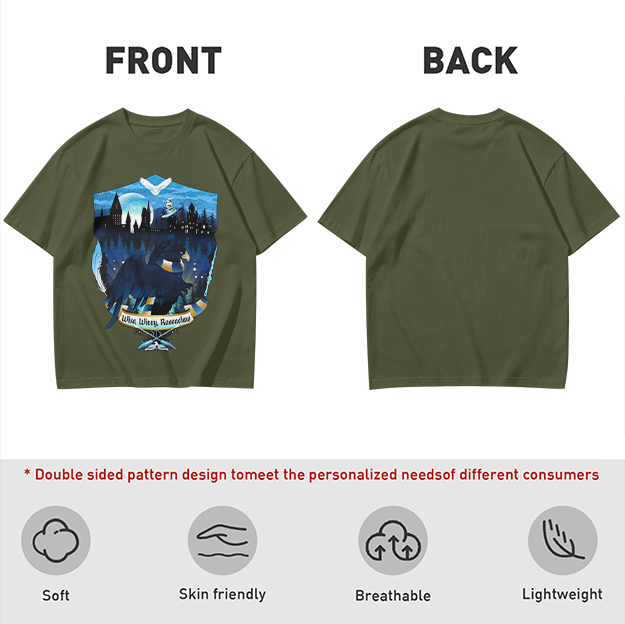 Olive t-shirt with Ravenclaw house crest night castle design