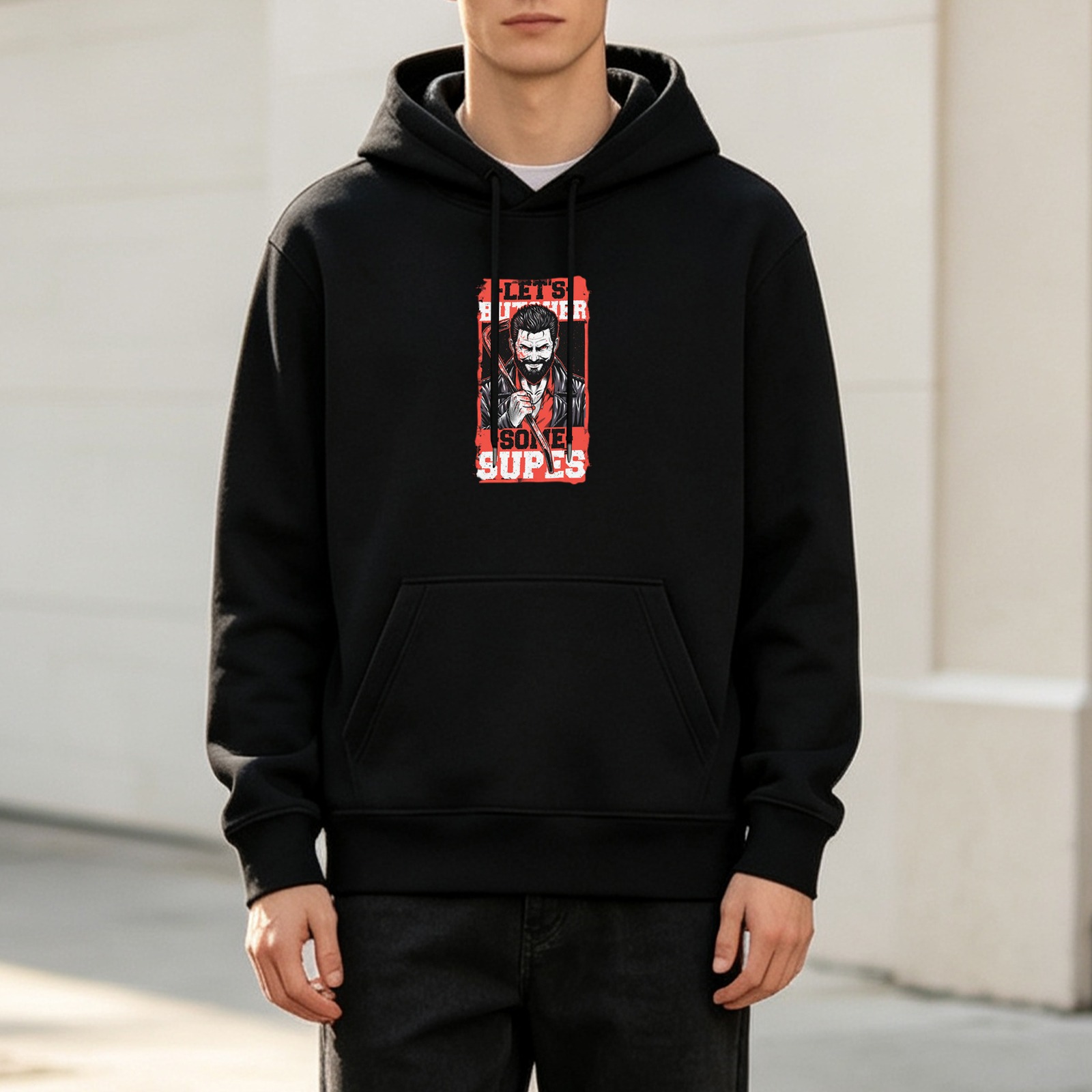 Black hoodie with Let Butcher Some Supes graphic print