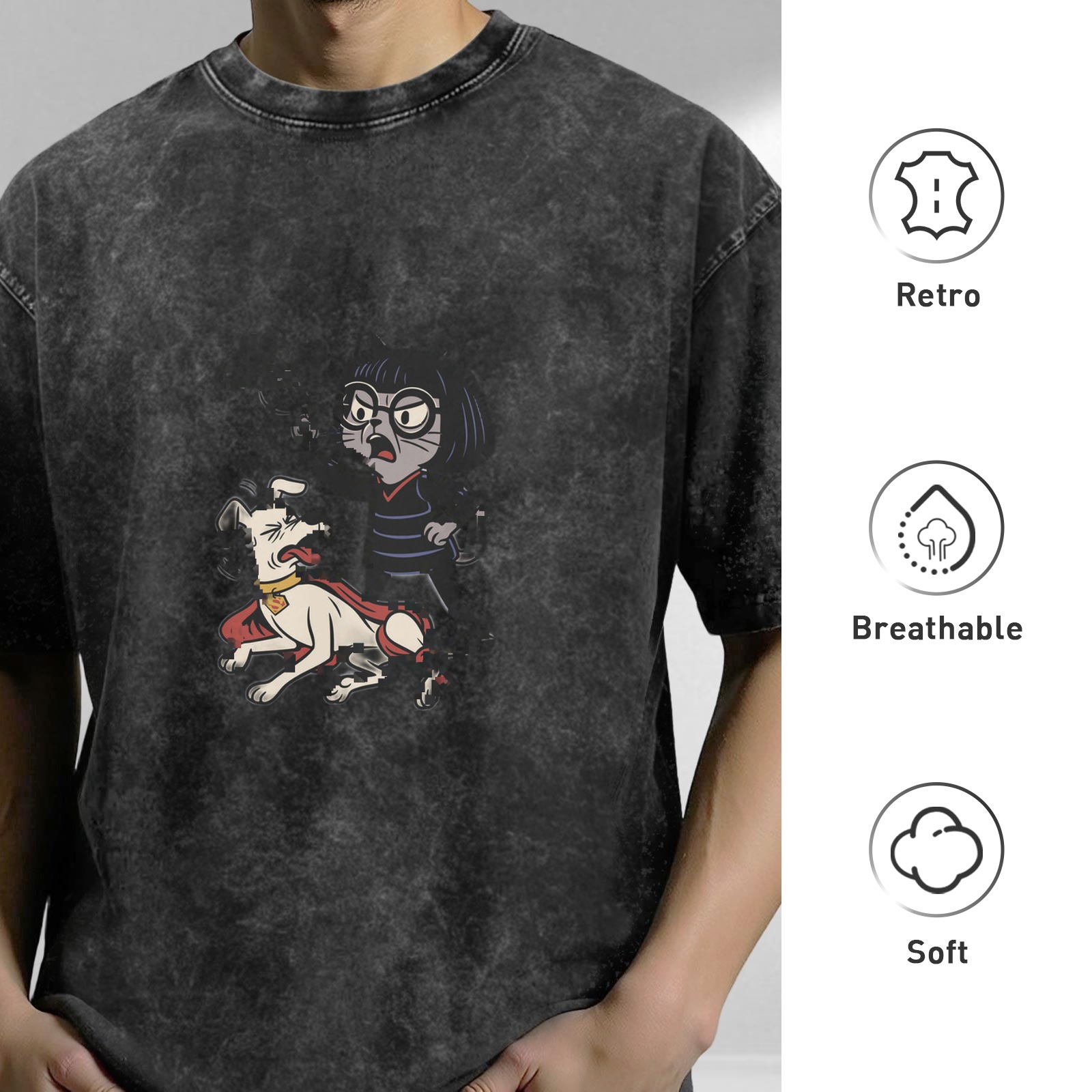 Washed Black T-Shirt With Cartoon Cat and Dog Graphic