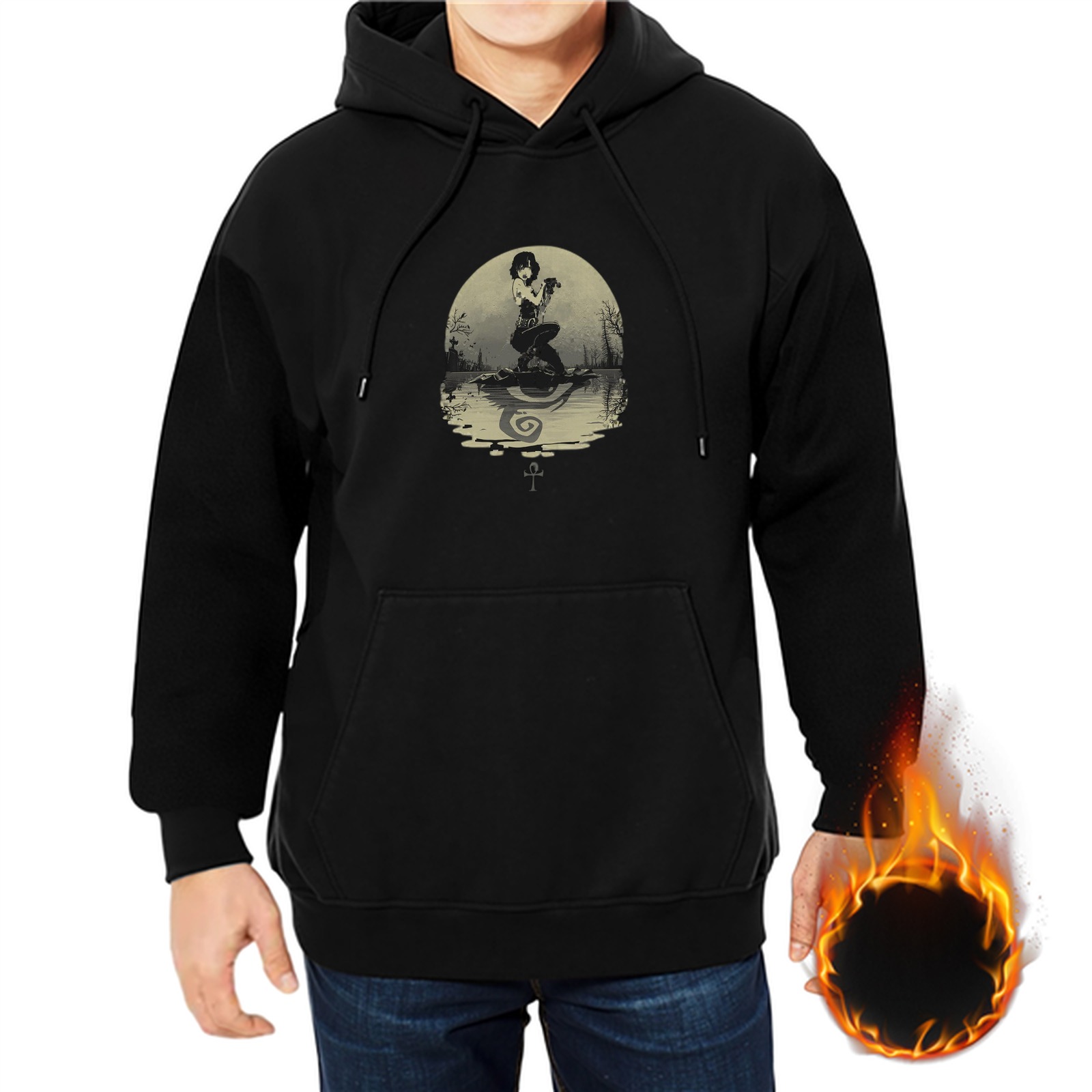 Black hoodie with gothic swamp woman graphic print