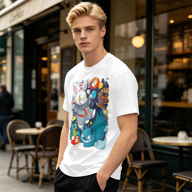 Alice in Wonderland Themed Graphic T-Shirt with Whimsical Characters
