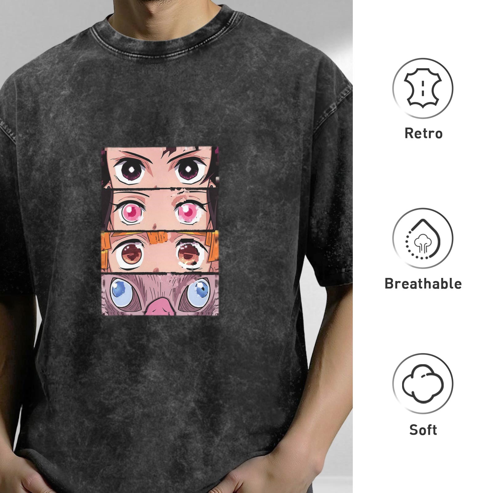 Demon Slayer themed washed distressed short-sleeved T-shirt