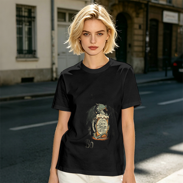 Olive Green T-Shirt with Dragon Beer Mug Graphic Print