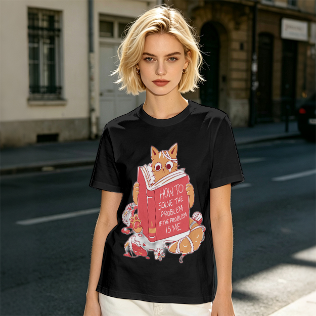 Olive T-Shirt With Ginger Cat Reading Self-Help Book Print