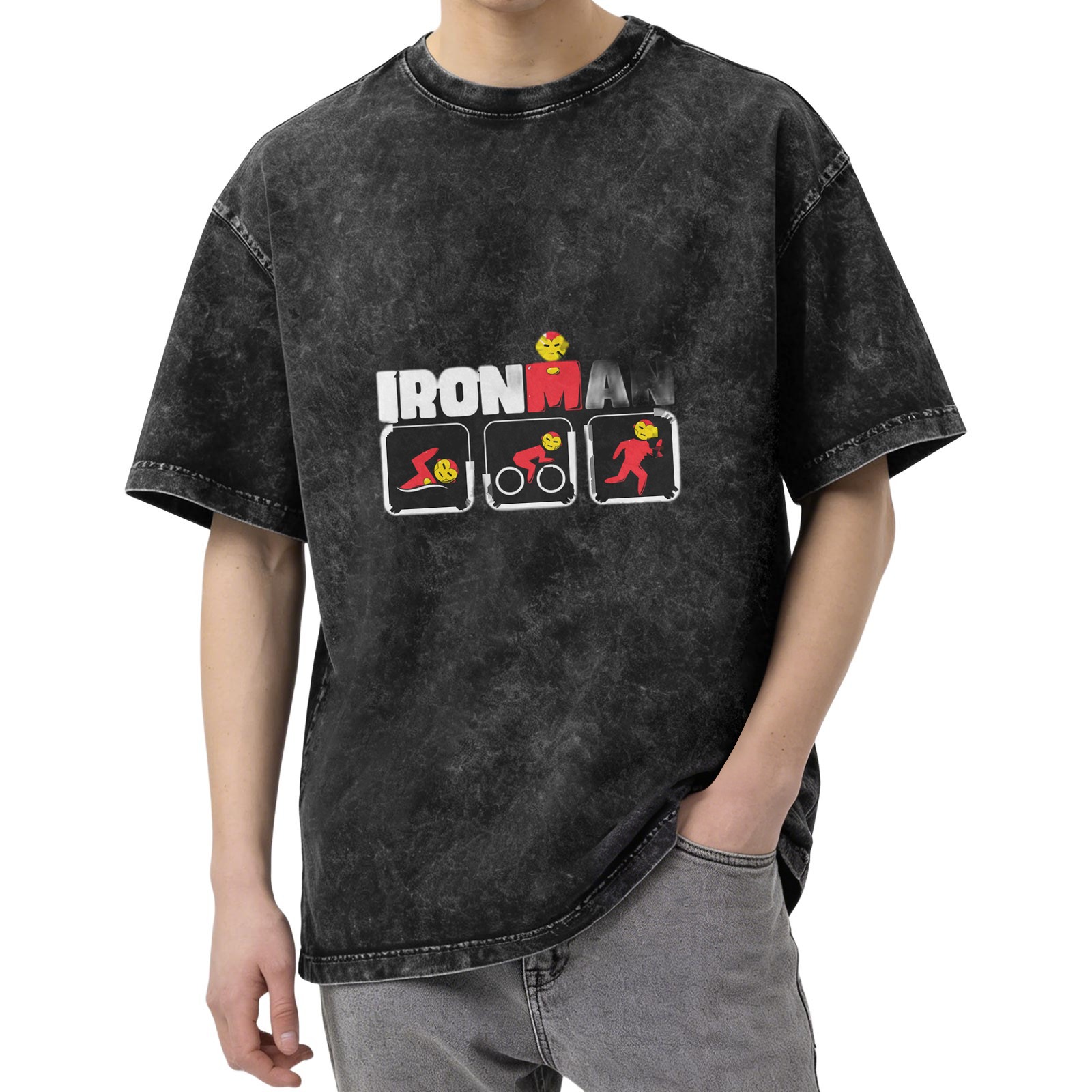 Ironman Triathlon Themed Acid Wash Cotton T-Shirt