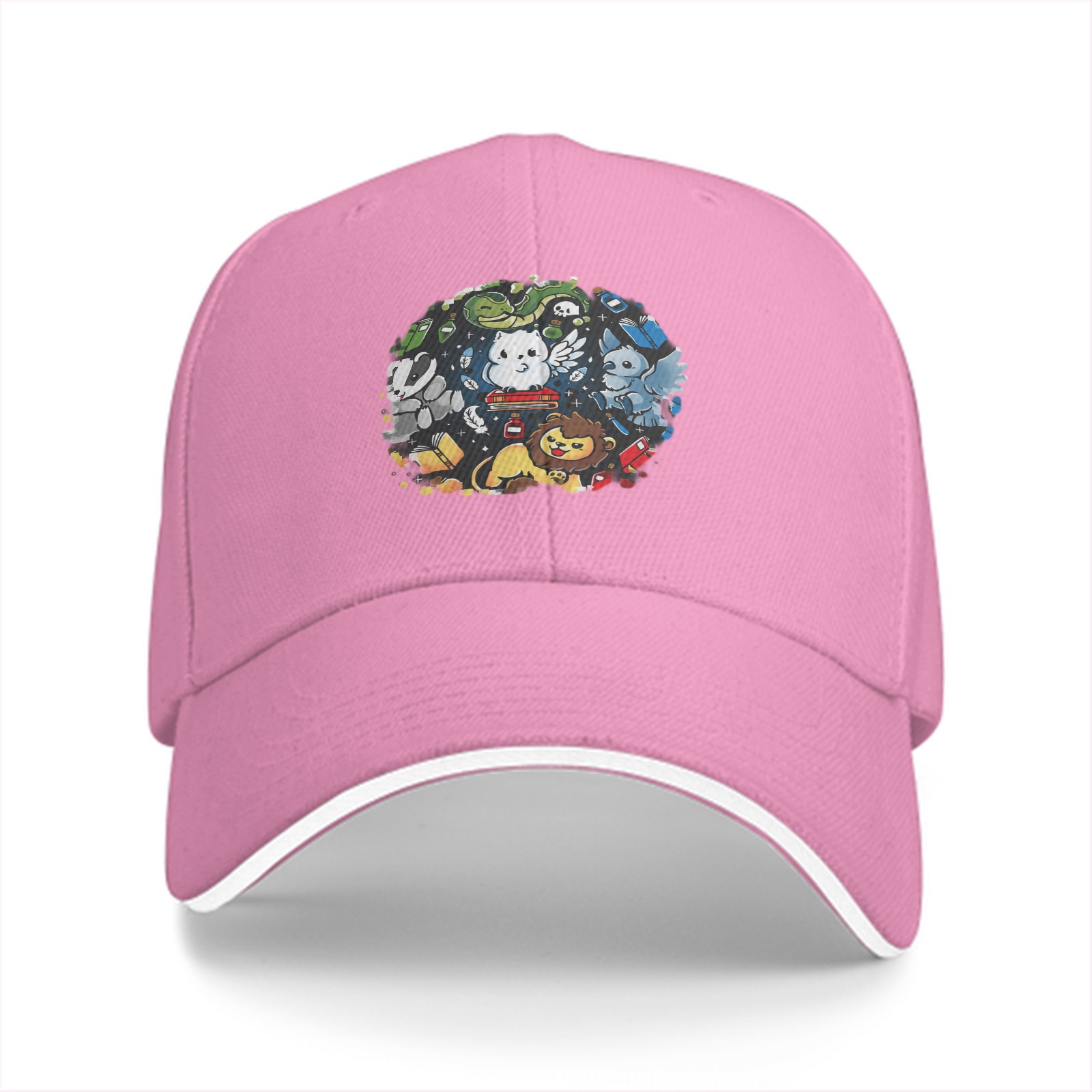 Black Baseball Cap With Cute Magical Creatures Graphic Design