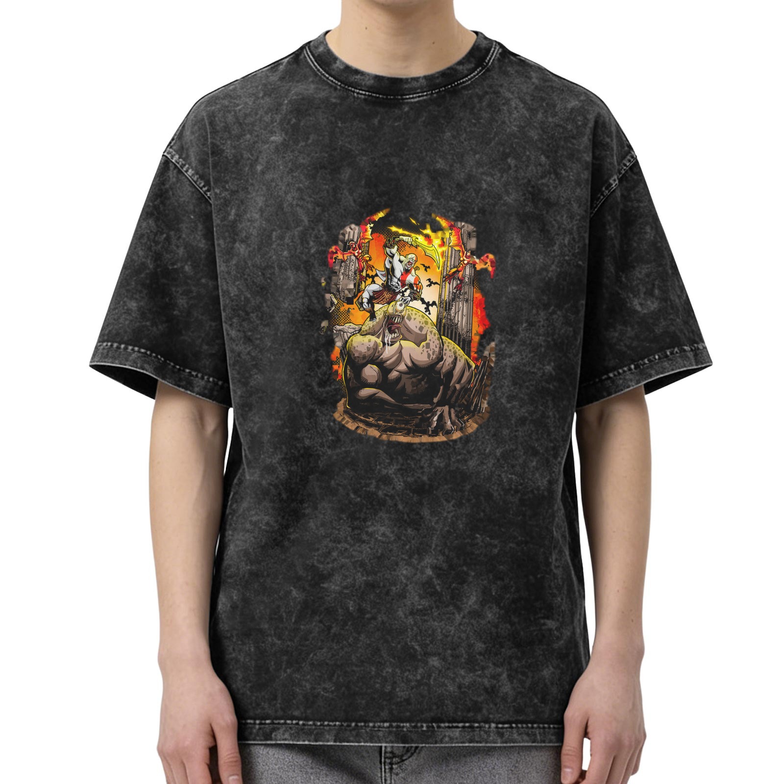 oversized washed black t-shirt with fantasy battle graphic print