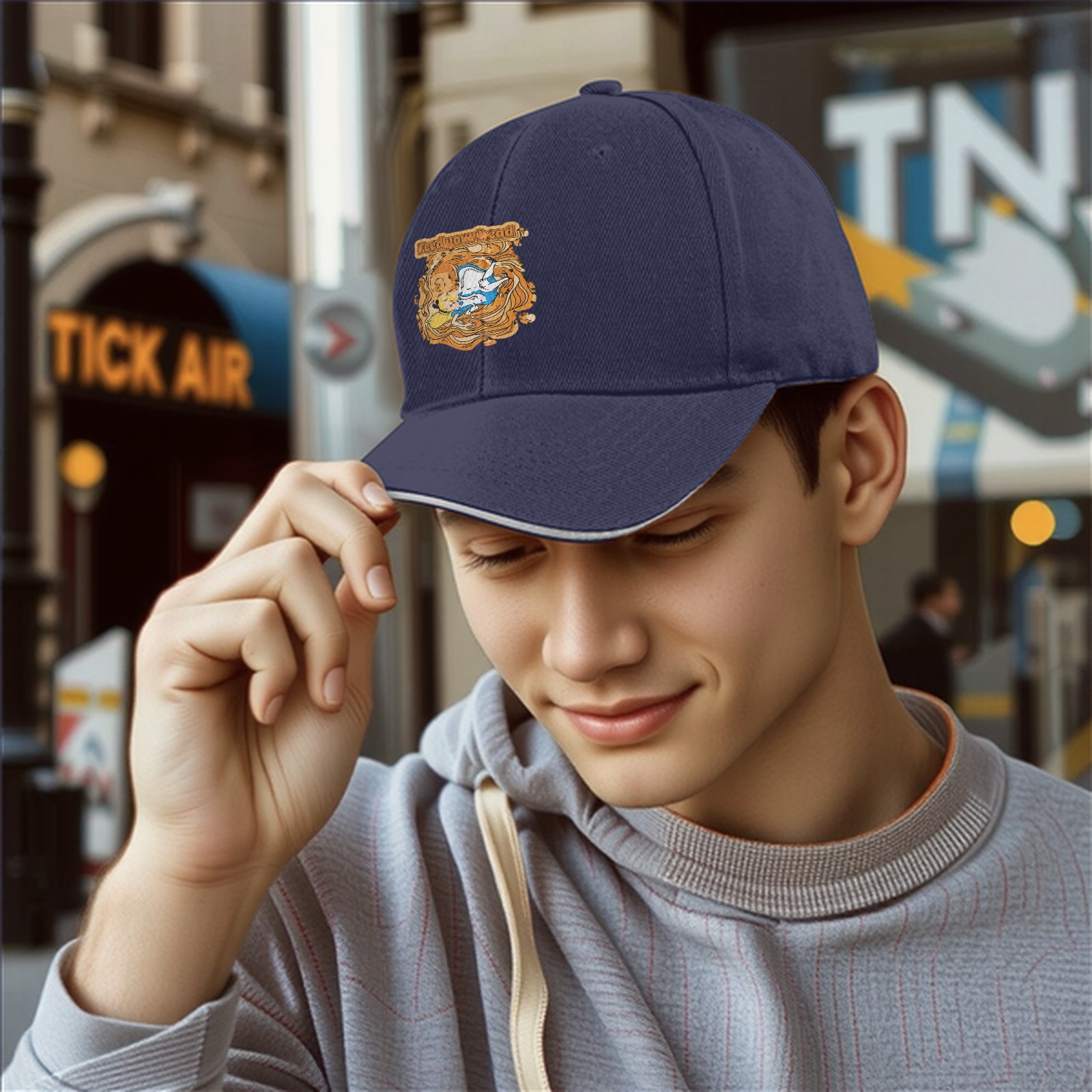 Black baseball cap with whimsical illustrated character design