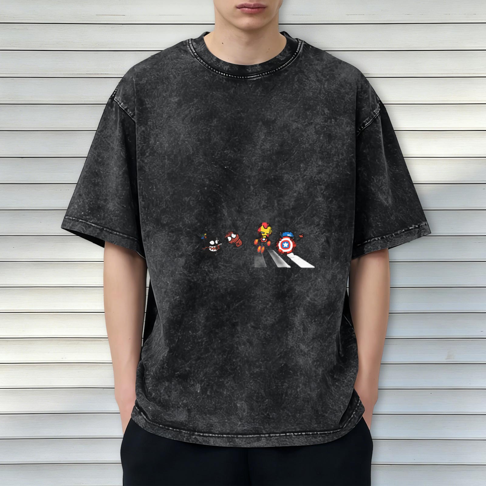 Oversized Dark Wash T-Shirt With Chibi Superheroes Crossing Crosswalk