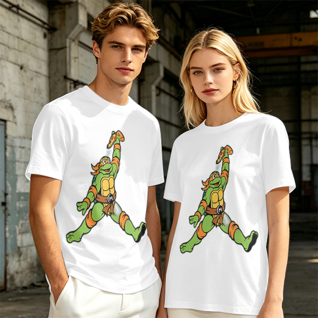 Olive T-Shirt with Michelangelo Ninja Turtle Holding Pizza Print