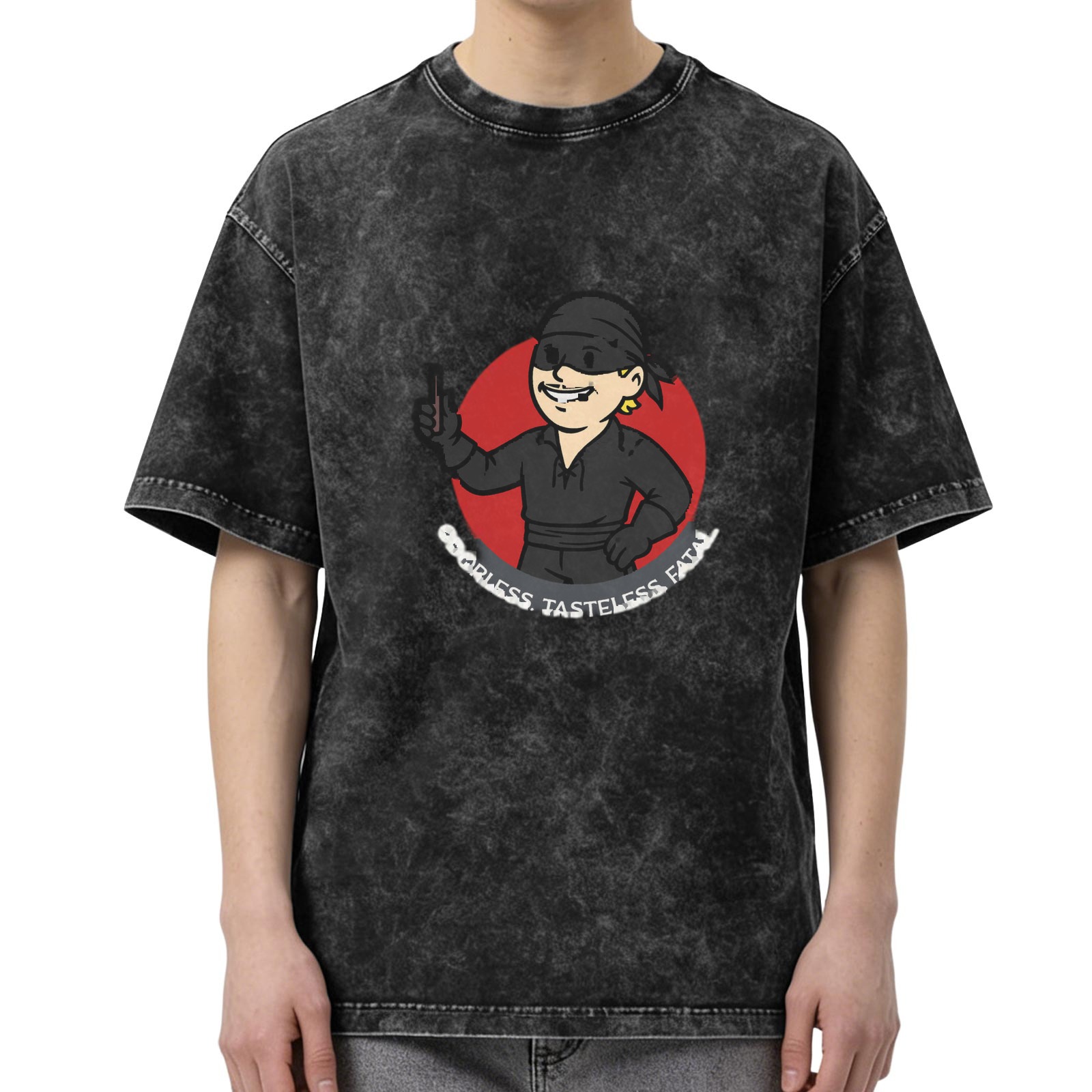 Washed black t-shirt with masked swordsman graphic and funny text