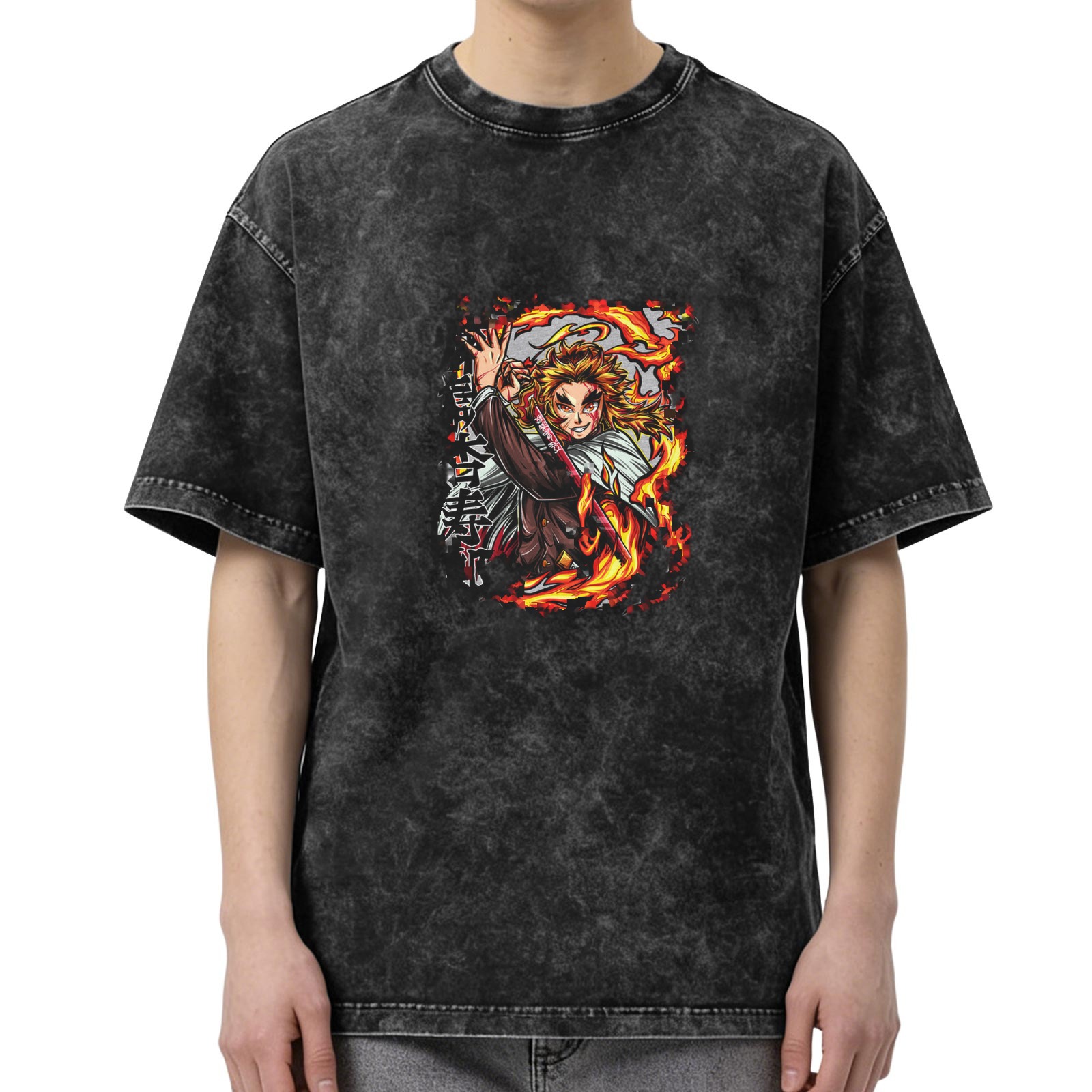 Demon Slayer: Kimetsu no Yaiba Purgatory Anjurou themed distressed washed short-sleeved T-shirt