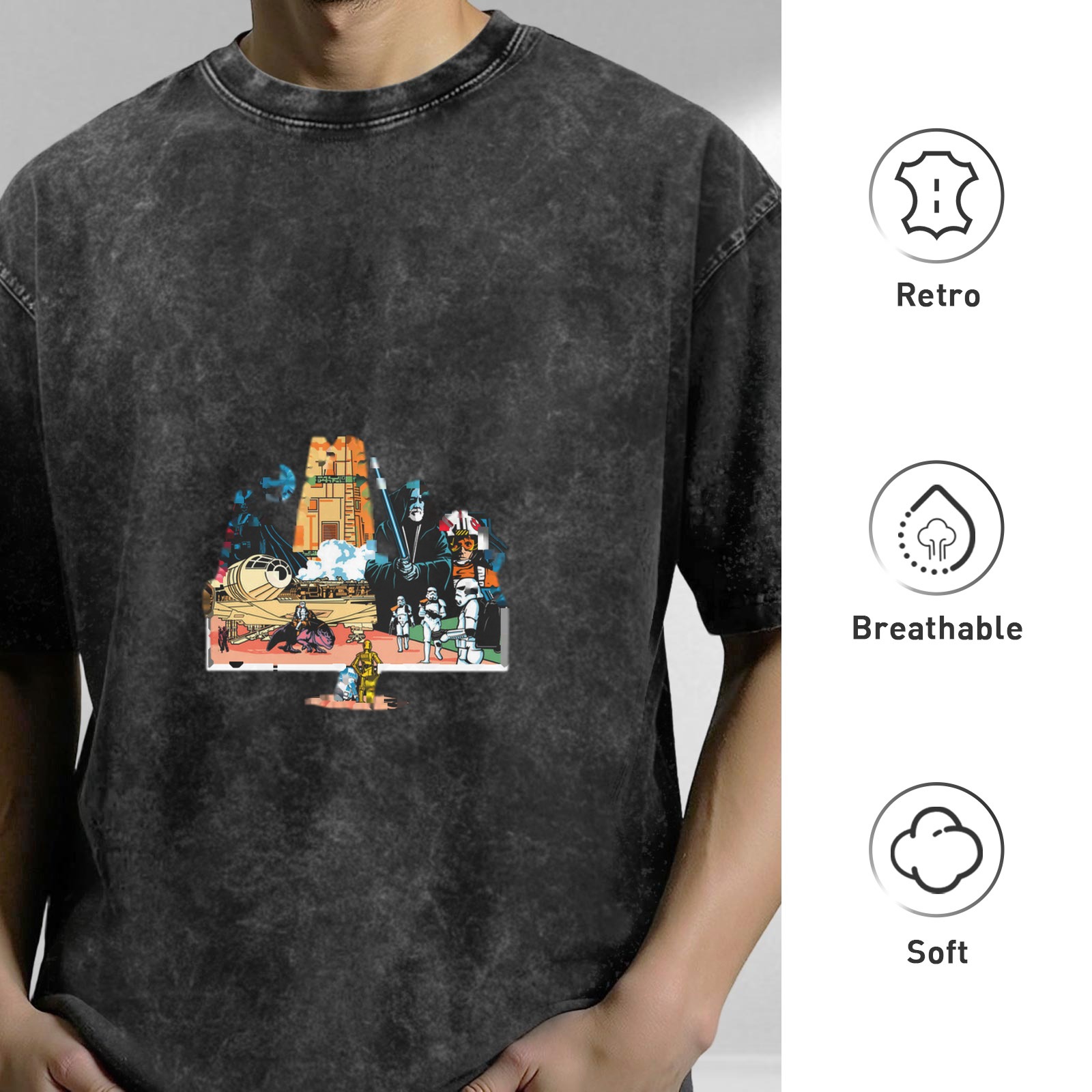 Distressed black Star Wars themed printed short-sleeved T-shirt