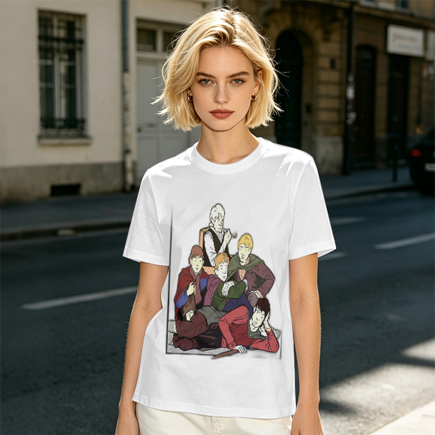 Olive T-shirt with Group of Fantasy Characters Graphic Print