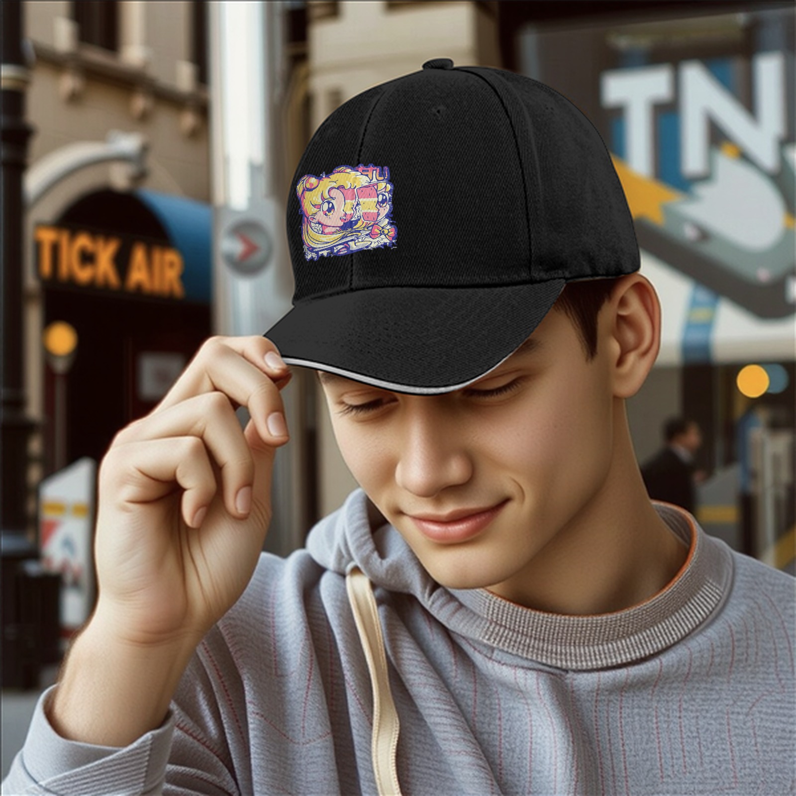 Black Baseball Cap With Retro Anime Girl Graphic Print