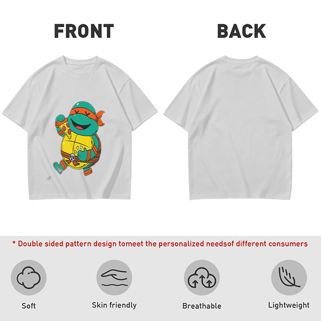 Olive T-shirt with cartoon ninja turtle holding pizza graphic