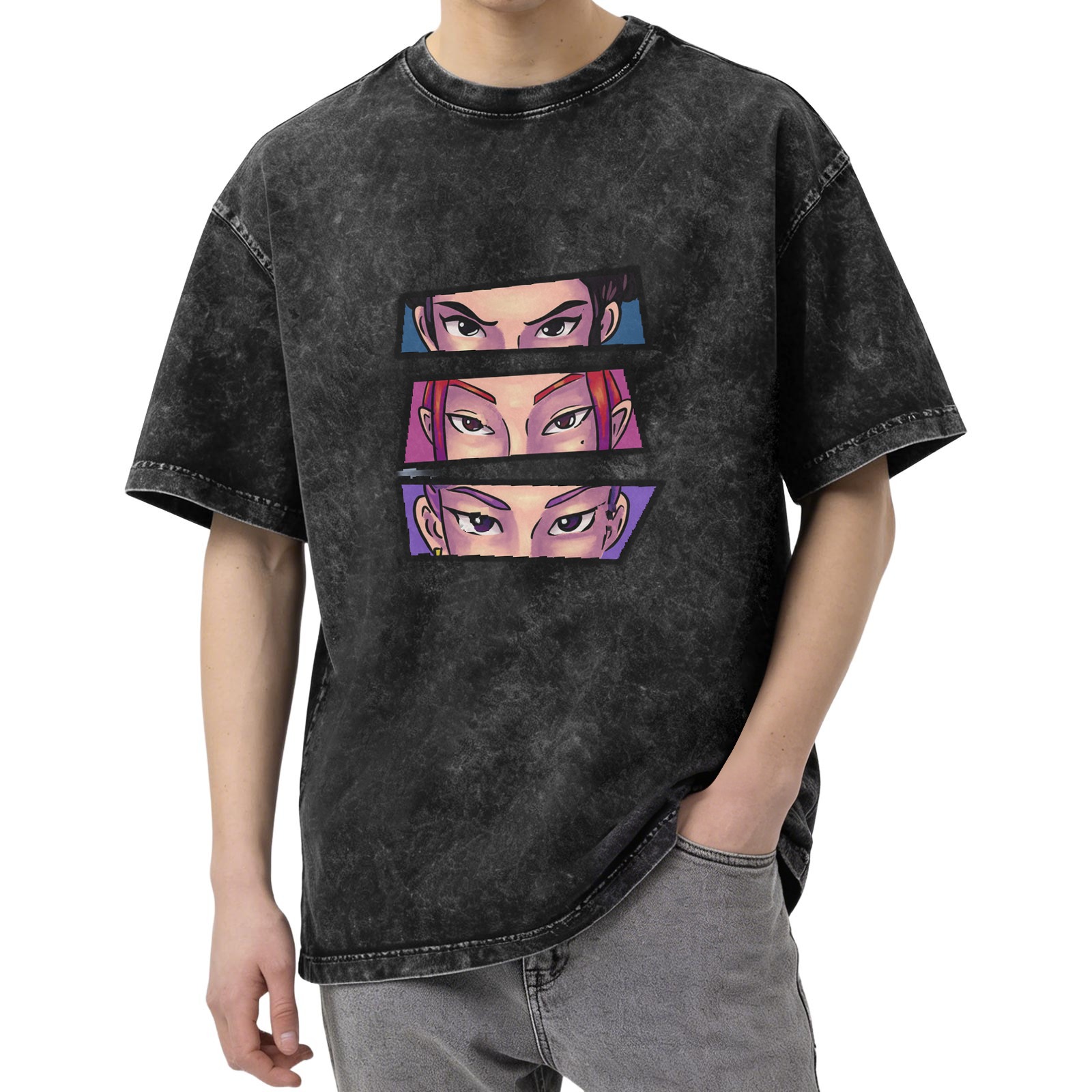 Oversized Acid Wash T-Shirt With Anime Eyes Graphic Print