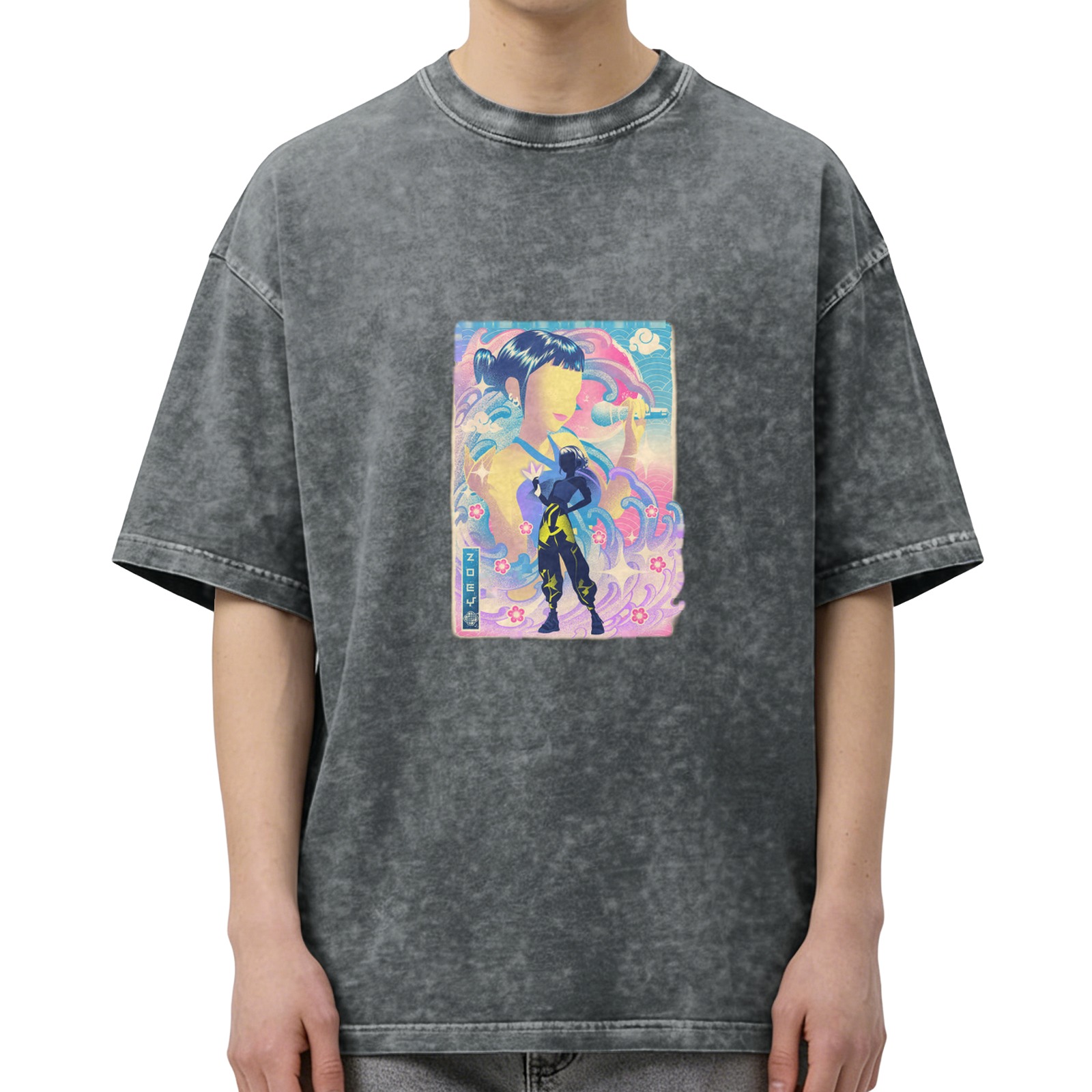 Oversized Acid Wash T-Shirt with Anime Singer Graphic Print