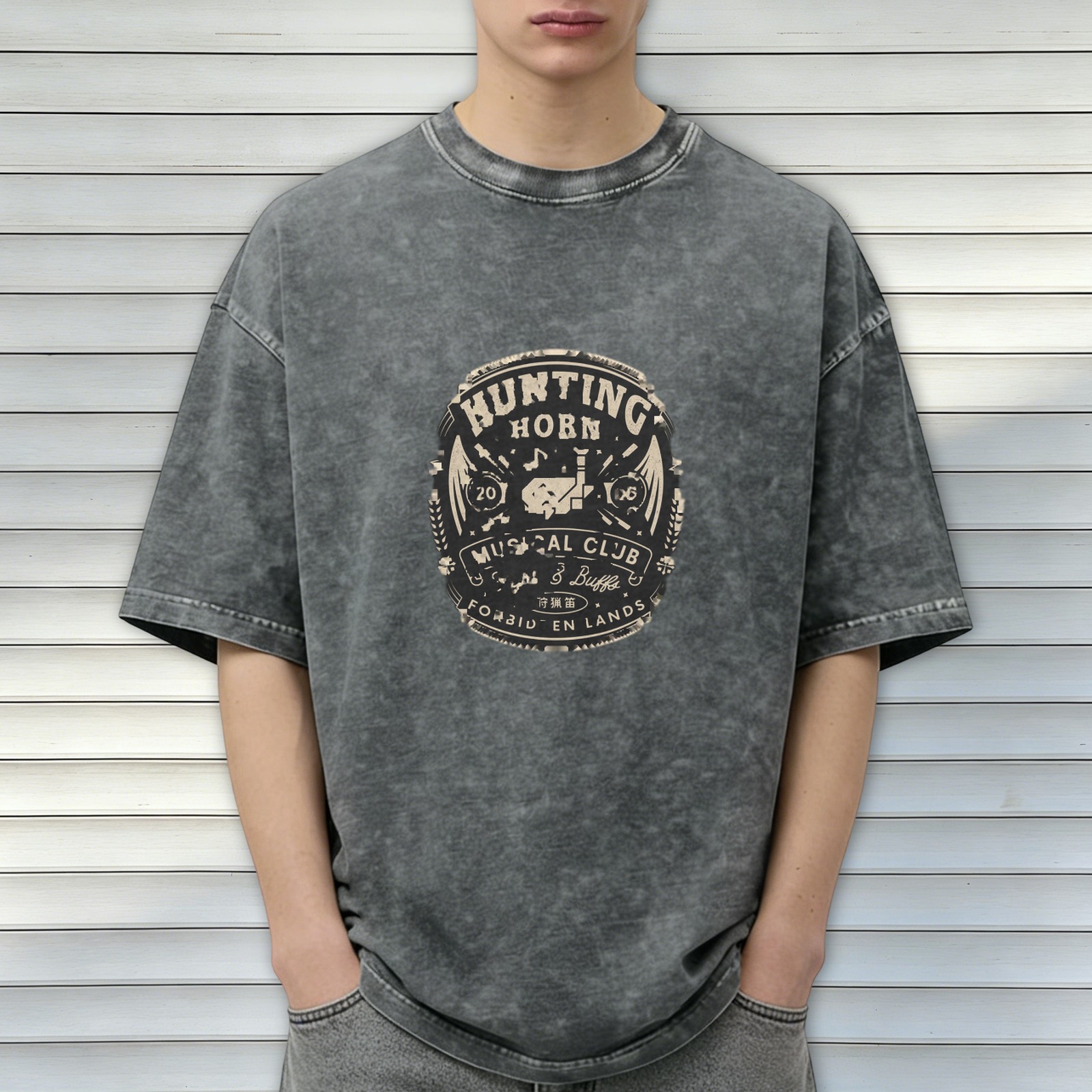 Washed Black Graphic T-Shirt with Hunting Horn Musical Club Print