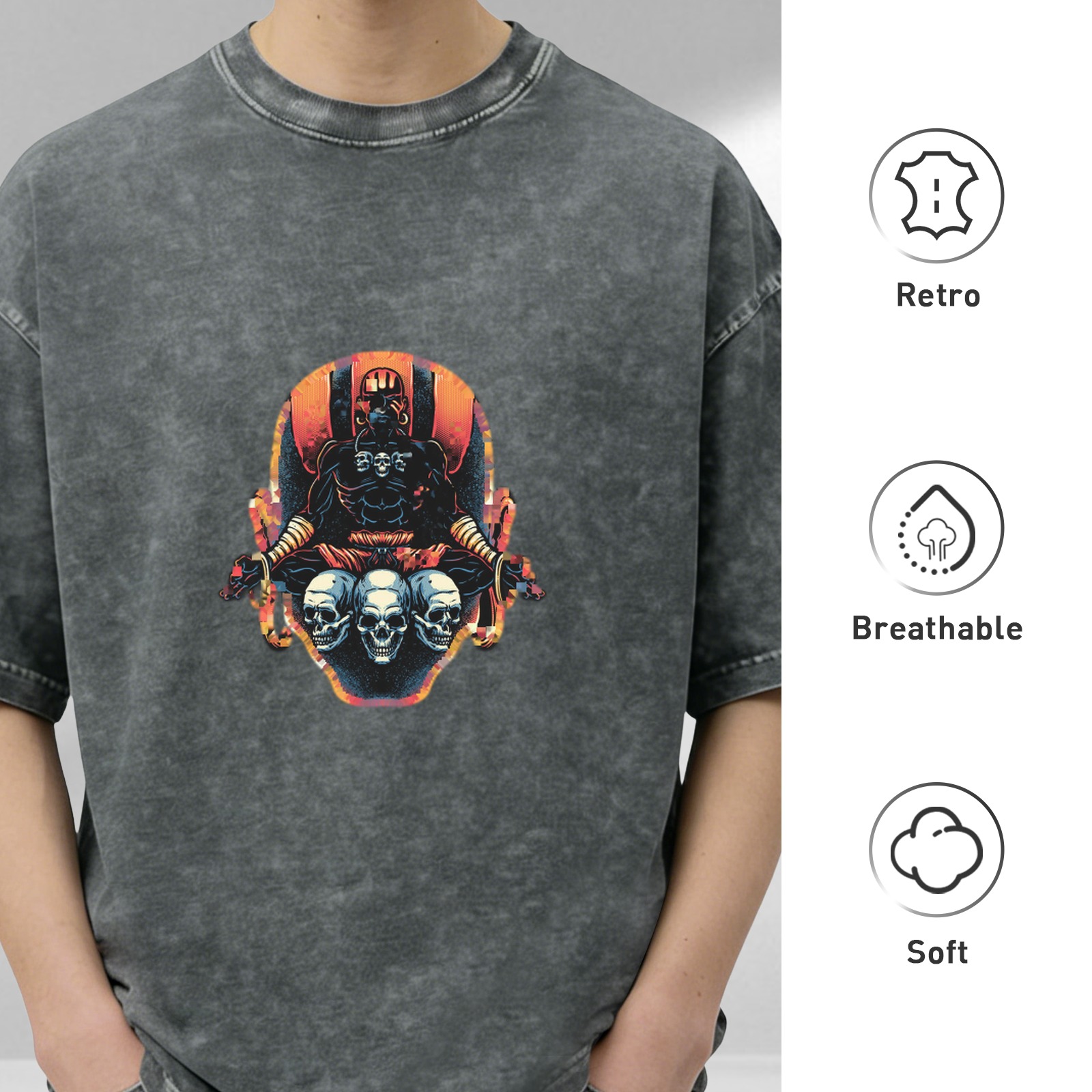 Washed Black T-Shirt With Dark Warrior And Skulls Graphic