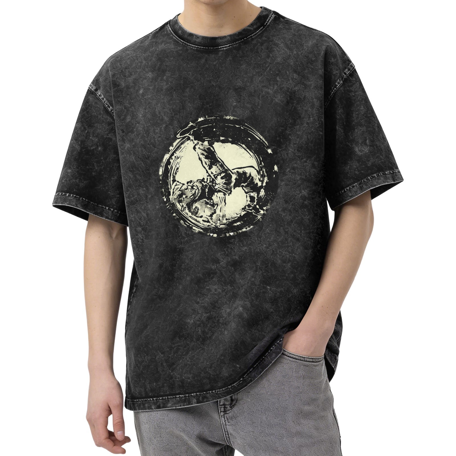 Washed Black Graphic T-Shirt With Circular Art Print