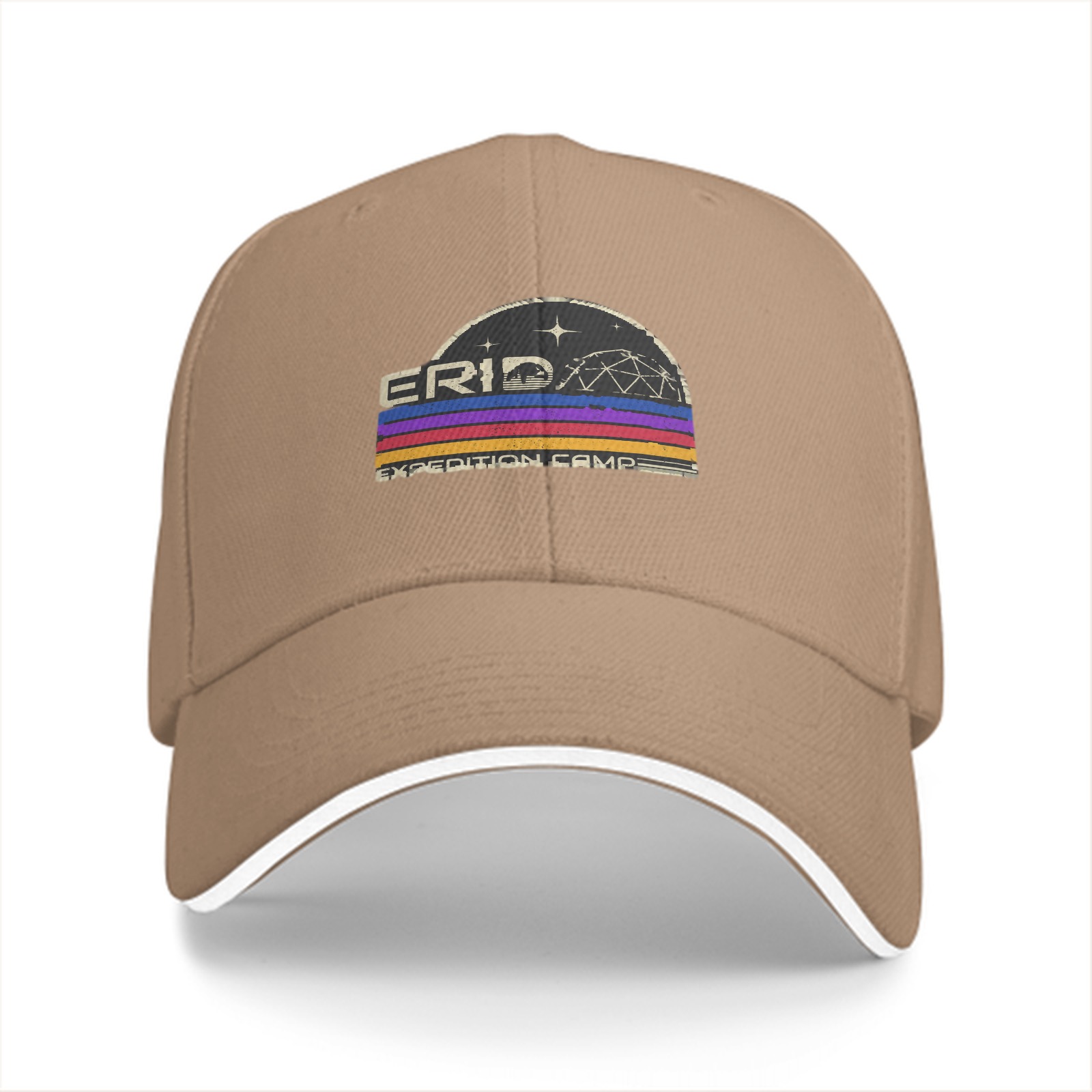 Black baseball cap with retro Erid Expedition Camp graphic