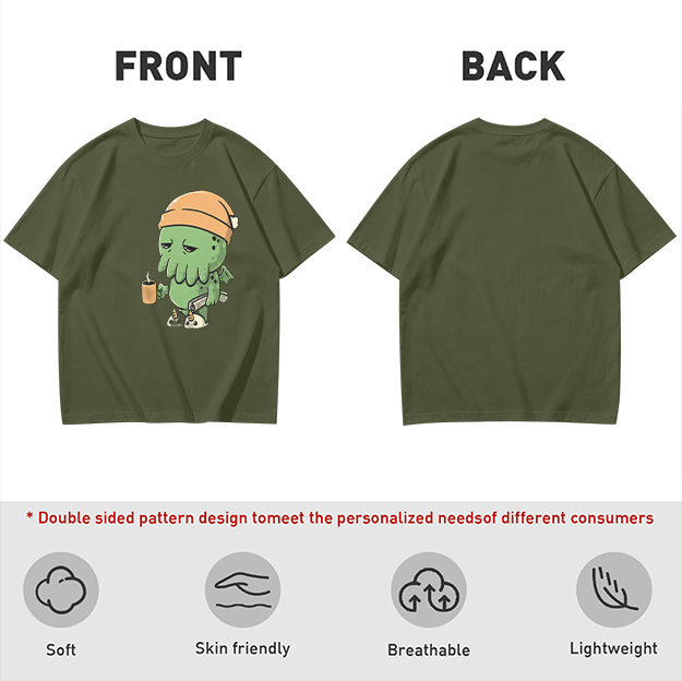 Olive T-Shirt With Sleepy Cthulhu Holding Coffee And Phone