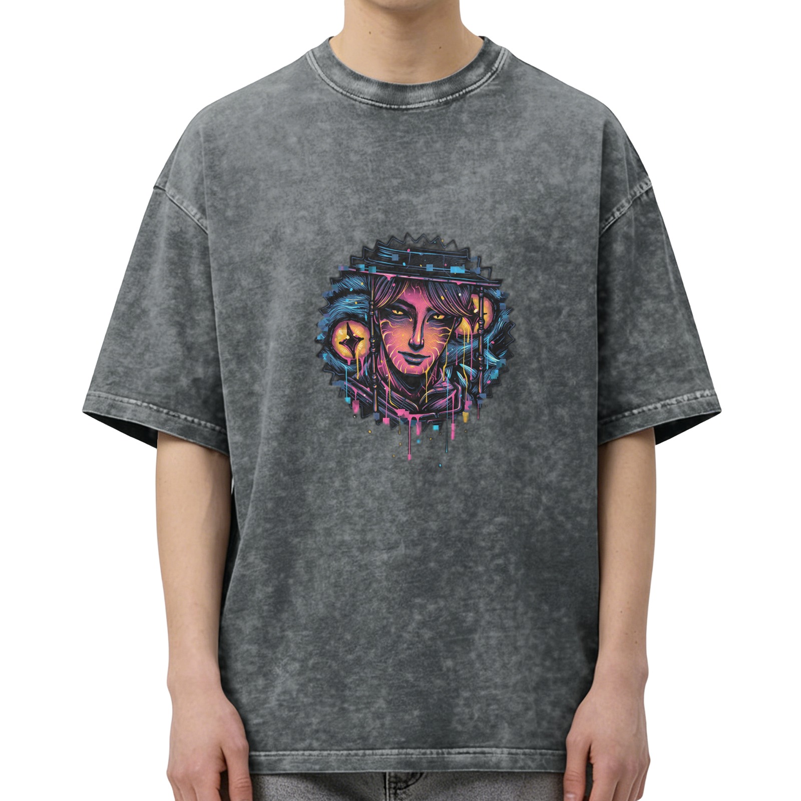 Oversized Acid Wash T-Shirt with Neon Cyberpunk Graphic Print
