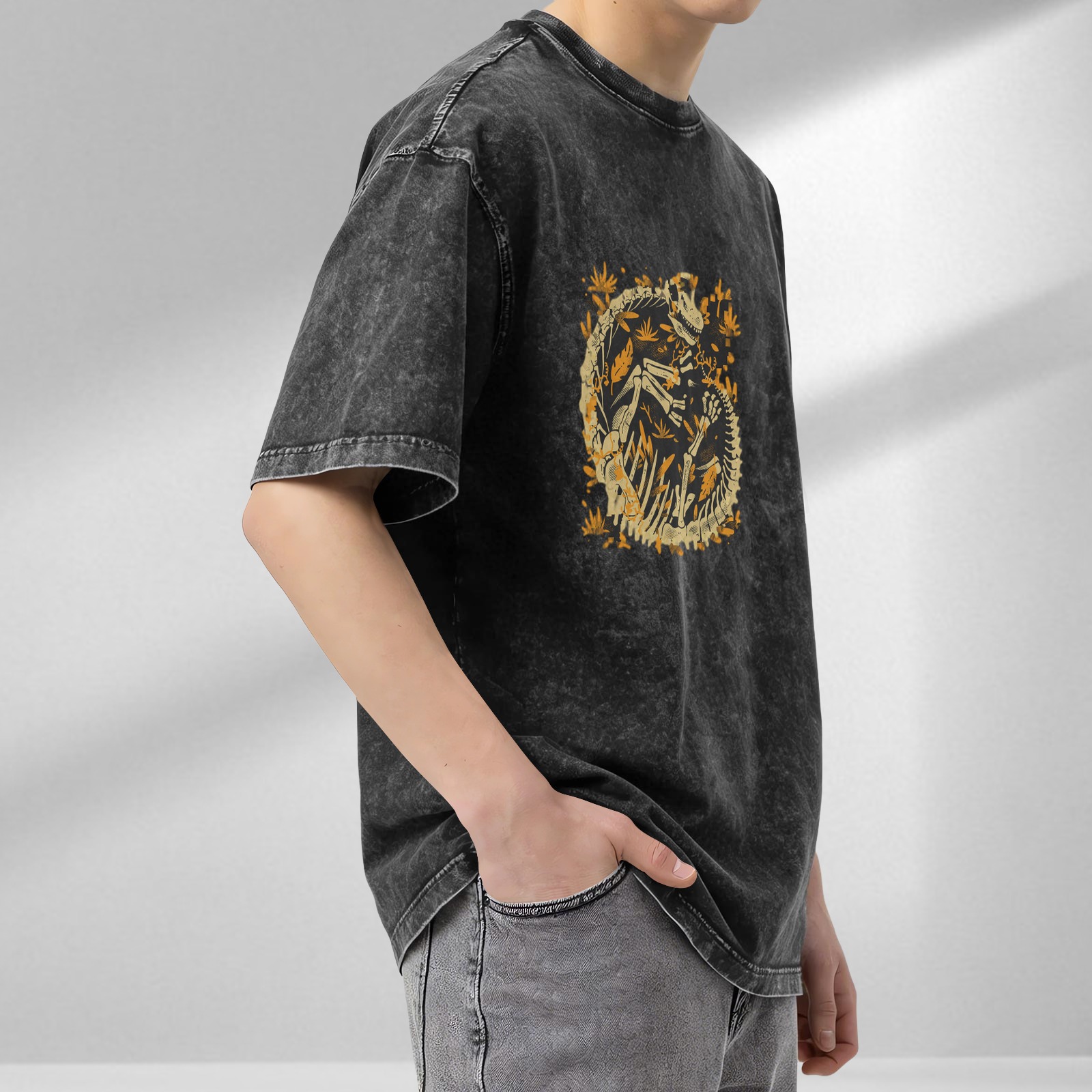 Oversized Acid Wash T-Shirt with Dinosaur Skeleton Fossil Print