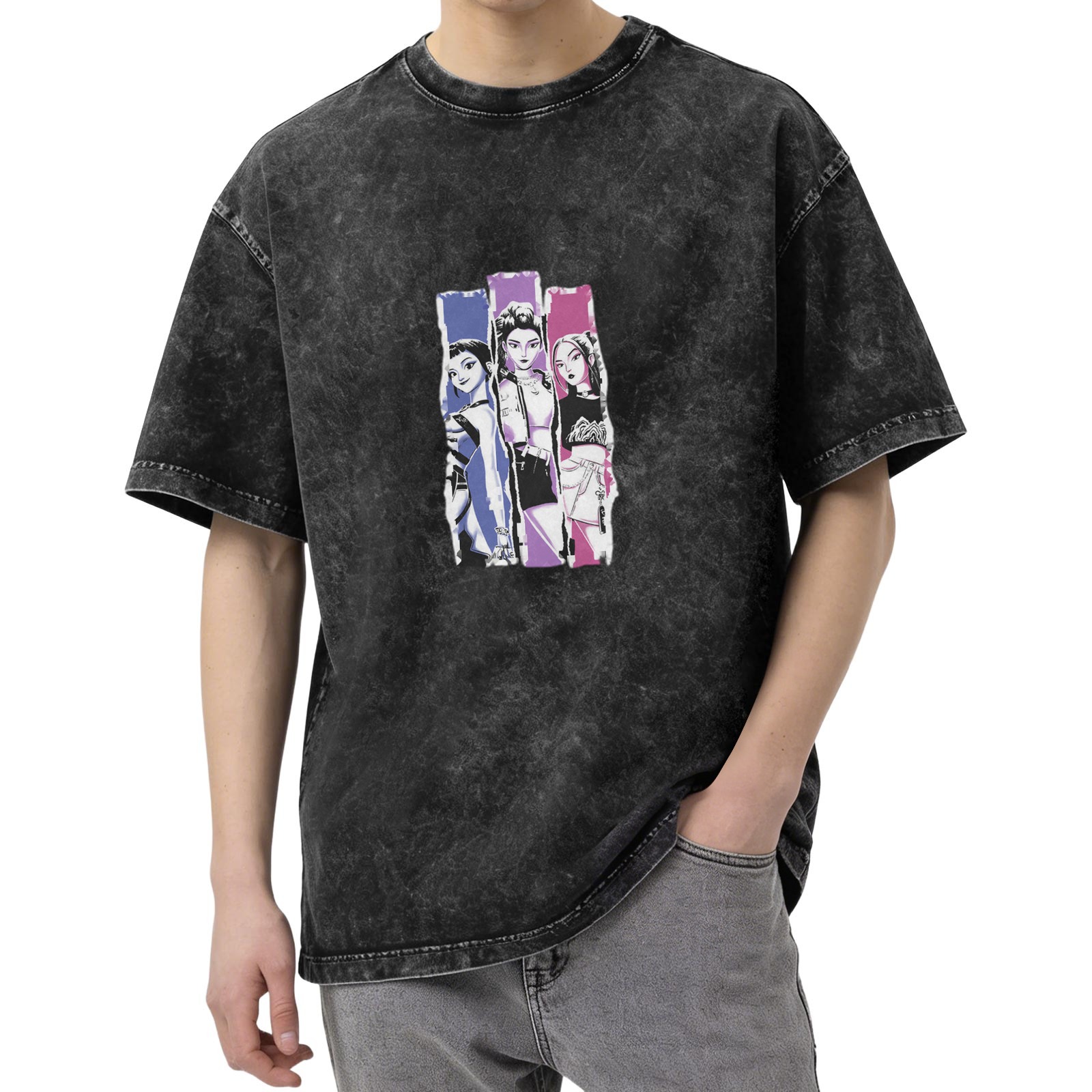 Oversized Acid Wash T-Shirt With Three Anime Girl Graphic Print