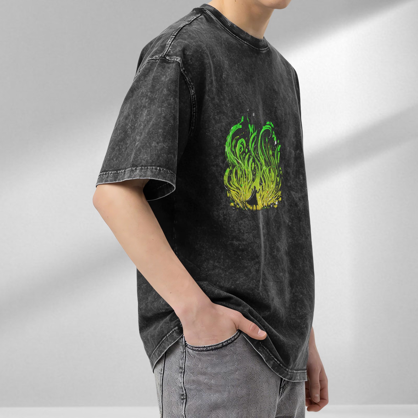 Oversized Acid Wash T-Shirt With Green Flame Silhouette Print
