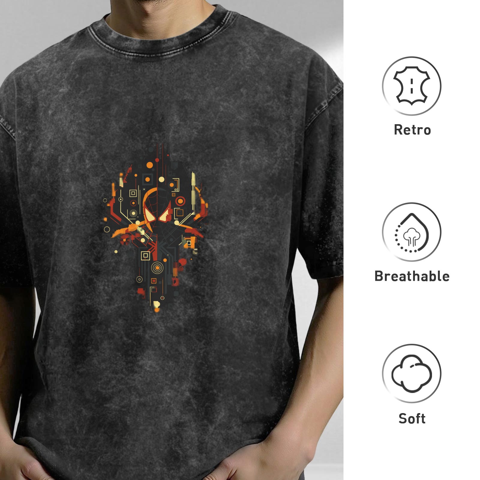 Washed Black Oversized T-Shirt With Cyber Spider Graphic
