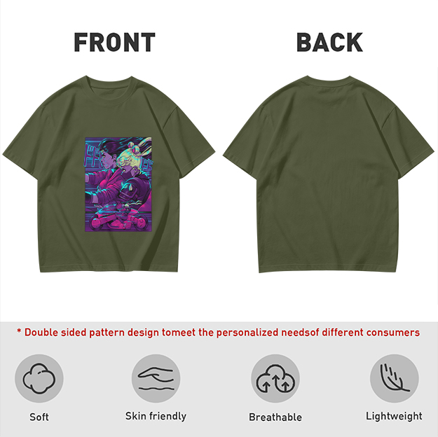 Olive T-shirt with Neon Cyberpunk Anime Character Print