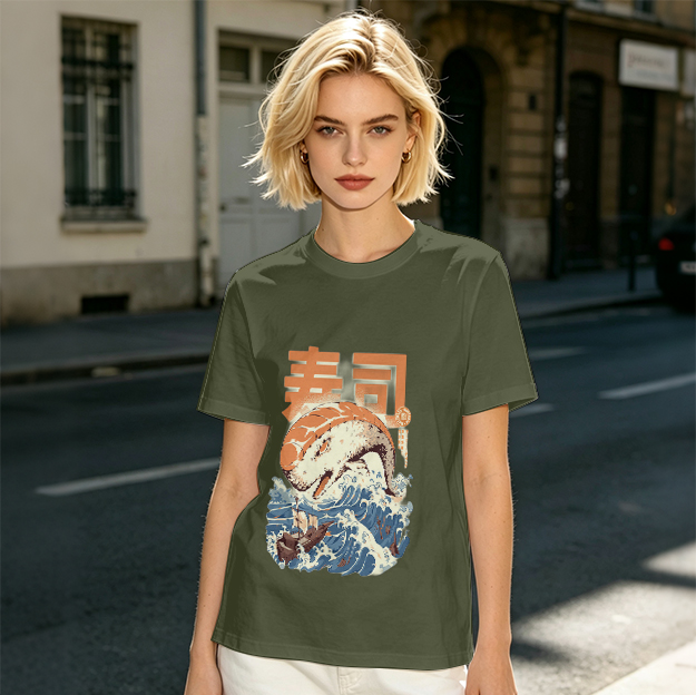 Olive t-shirt with sushi monster and great wave graphic