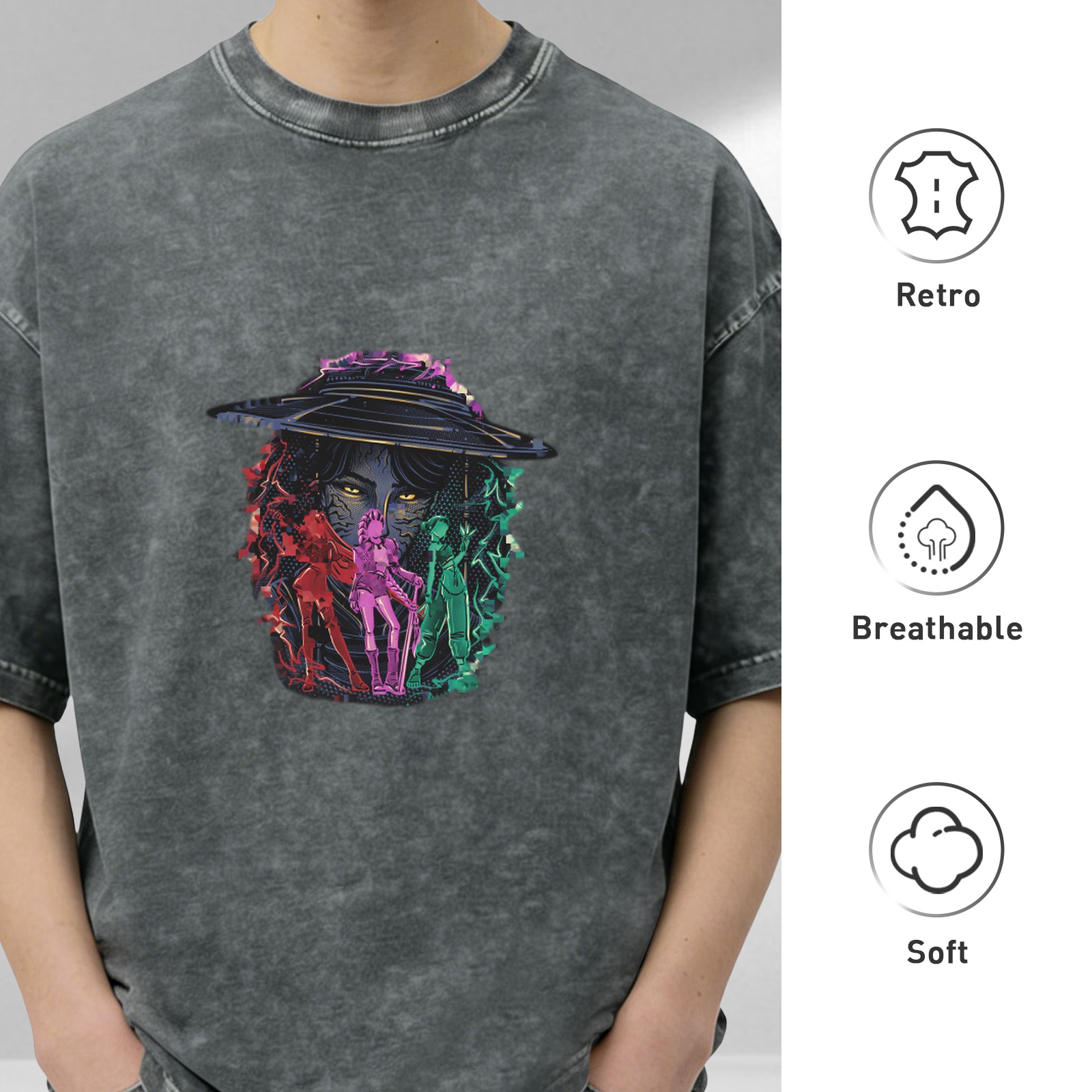 Distressed black loose short-sleeved T-shirt with cyber style character print