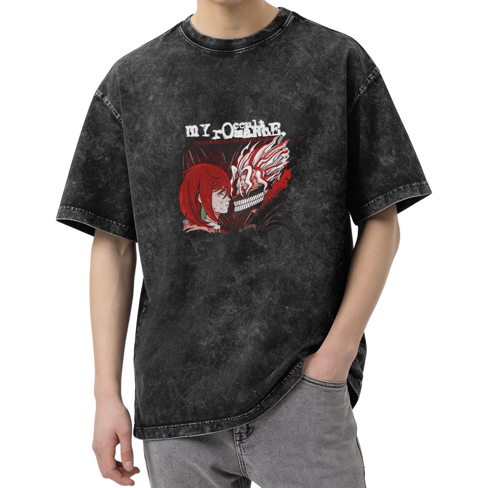 Oversized Acid Wash Anime Graphic T-Shirt with Dark Art Print