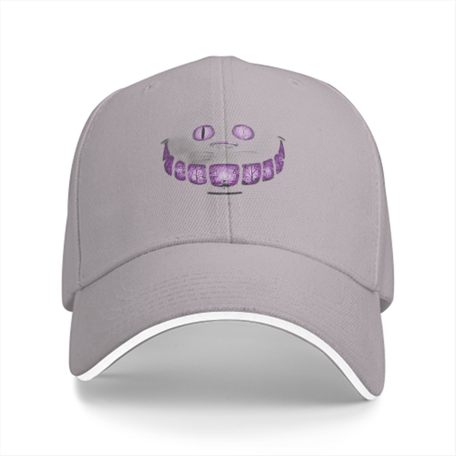 Black Baseball Cap with Cheshire Cat Purple Grin Print