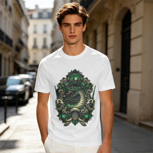Olive Green T-Shirt With Serpent Crest Graphic Design
